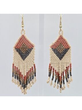 Ink + Alloy Handmade Ivory Brown Gold Beaded Designer Earrings 3.5''